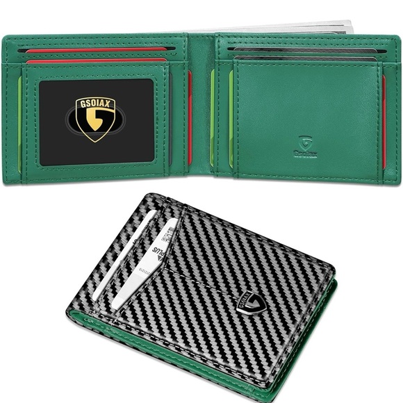 Leather Carbon Fiber RFID Blocking Minimalist Front Pocket Bifold with ID Window - Picture 1 of 6